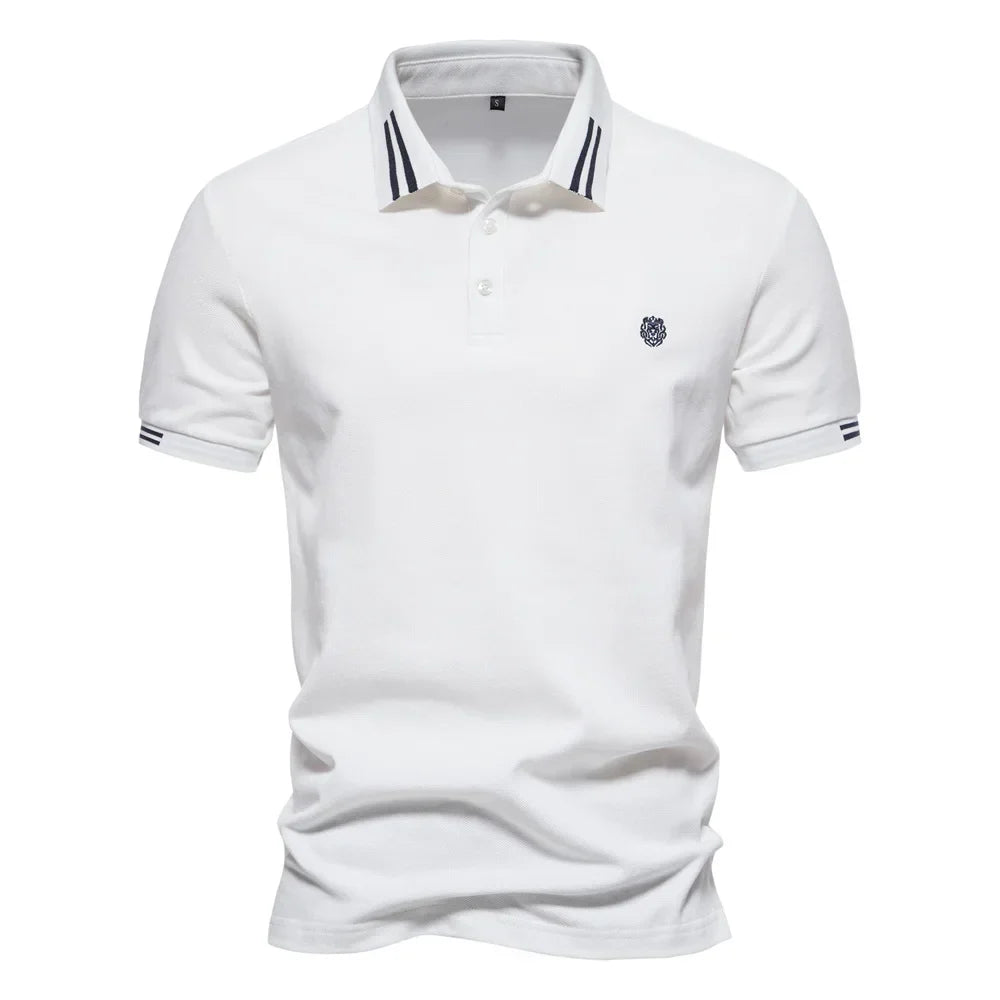 Front view of men's polo shirt showing three-button placket and embroidered chest logo detail