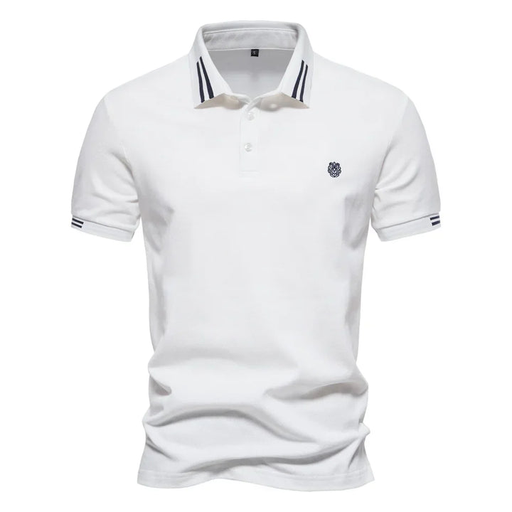 Front view of men's polo shirt showing three-button placket and embroidered chest logo detail