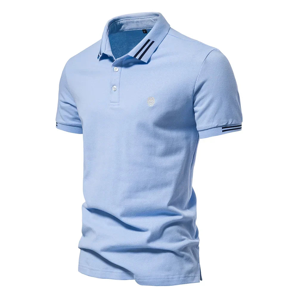Men's short-sleeve polo shirt showing sleeve stripe detail and smooth fabric finish