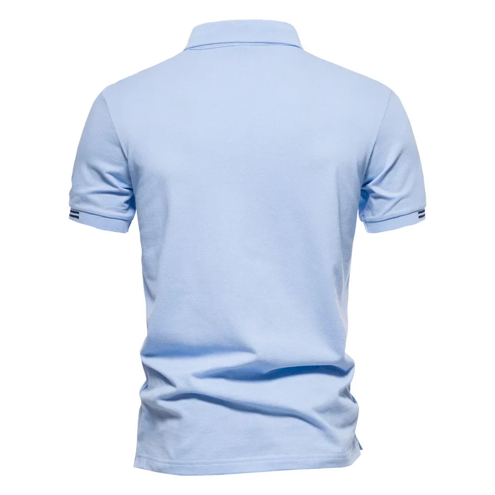 Full front view of men's casual polo with contrast stripe accents