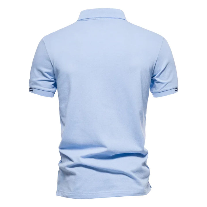 Full front view of men's casual polo with contrast stripe accents