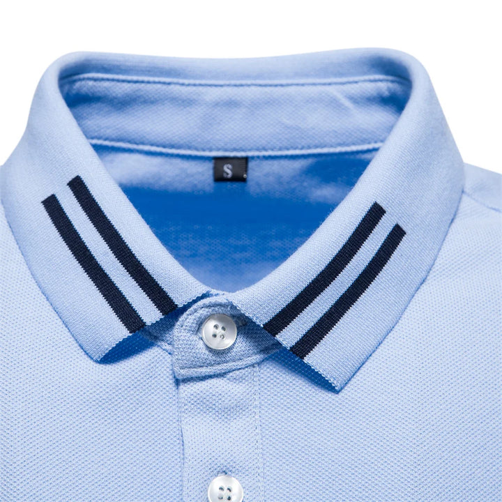 Back view of men's polo shirt with clean straight hem and regular fit