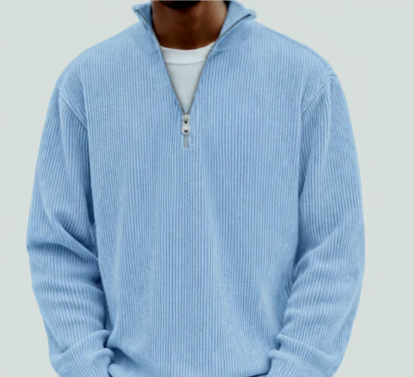 Full-length view of men's zipper high neck sweater with relaxed casual styling