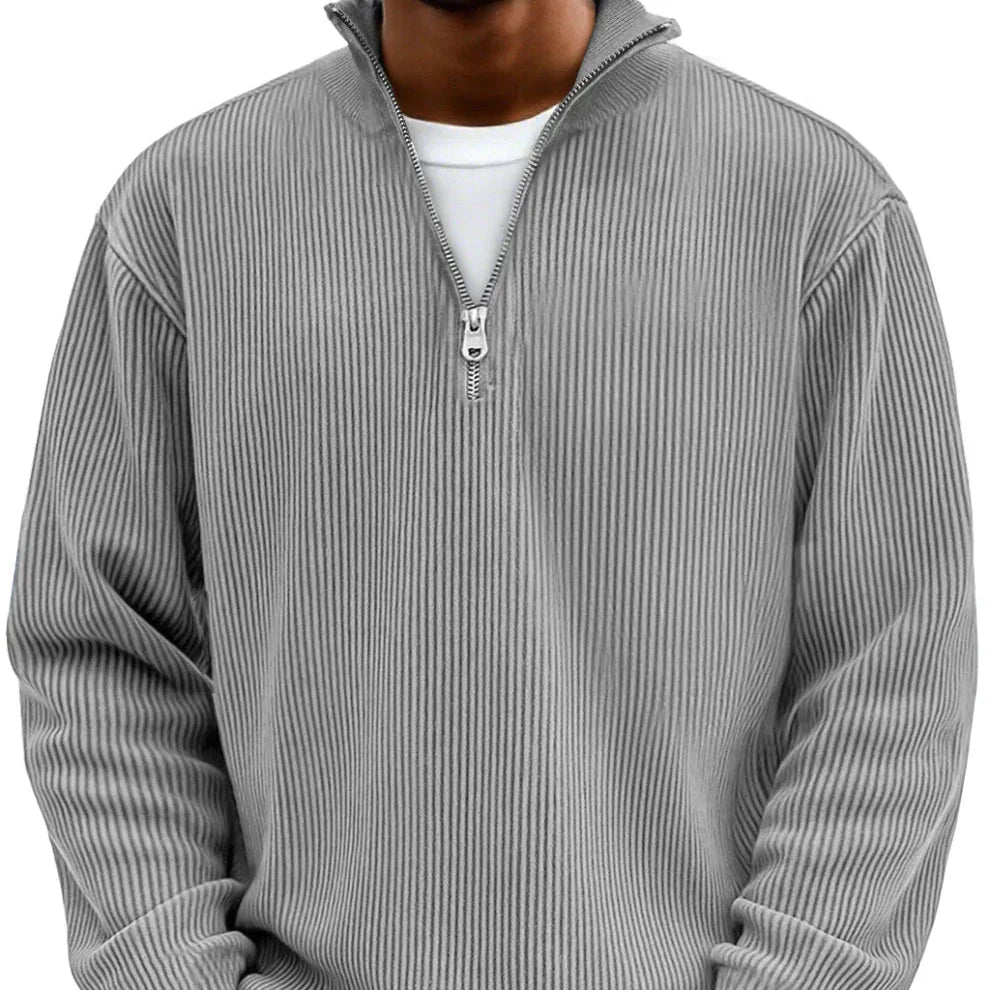 Close-up view of men's high neck sweater showing ribbed knit texture and metal zipper detail