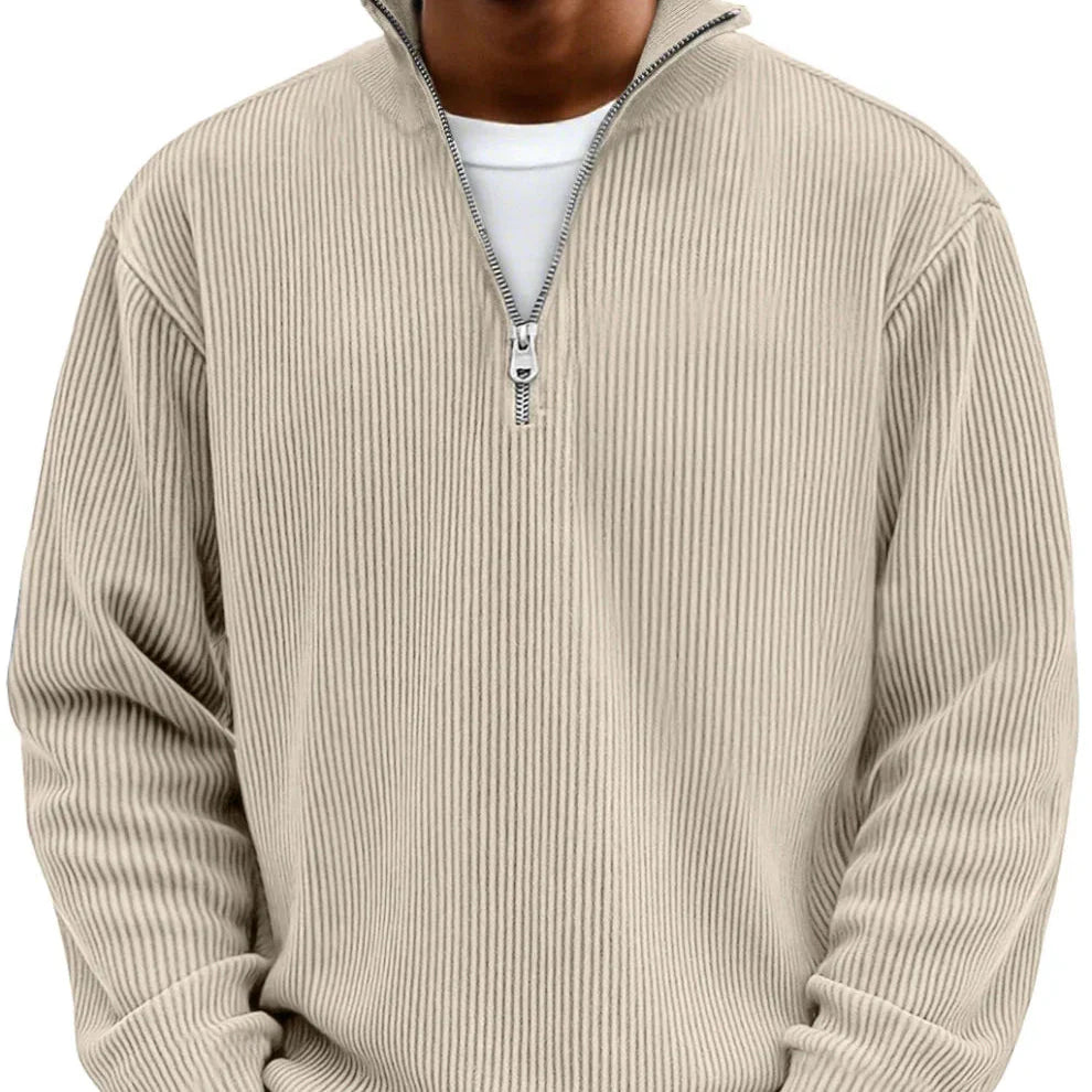 Men's half-zip sweater in blue paired with casual pants for everyday wear