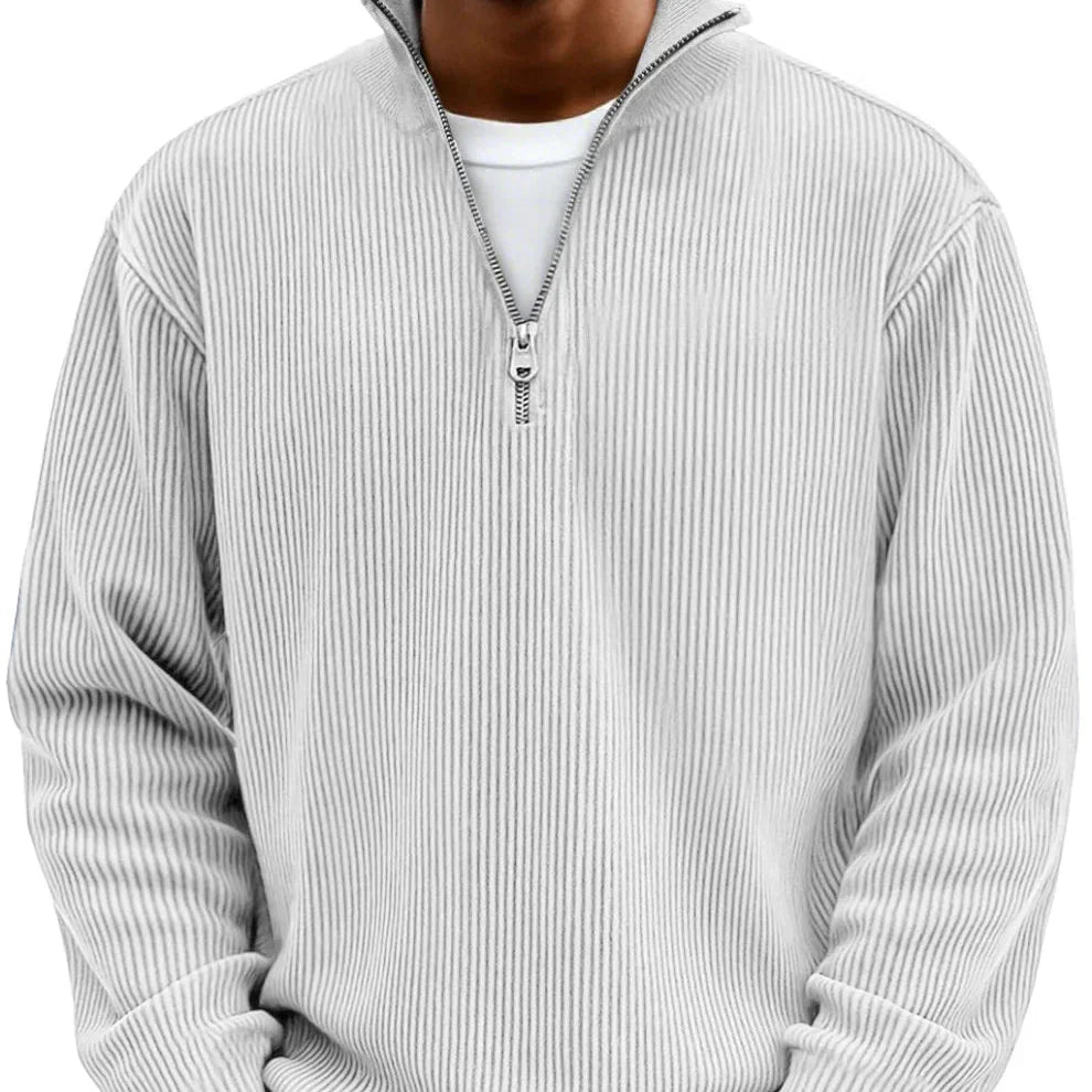 Back view of men's high neck sweater displaying relaxed fit silhouette and ribbed texture