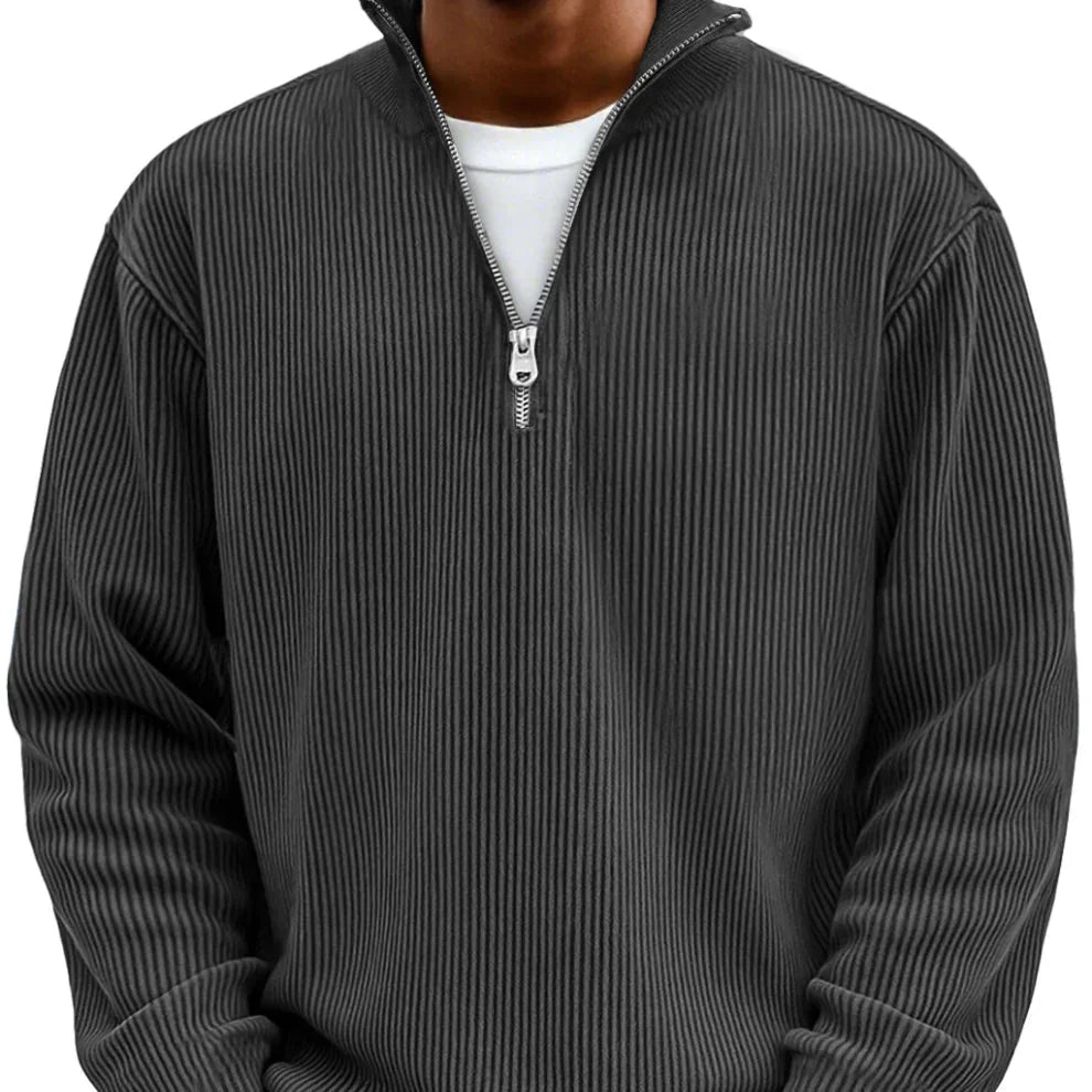 Men's zipper sweater styled for casual layering with jeans and relaxed fit
