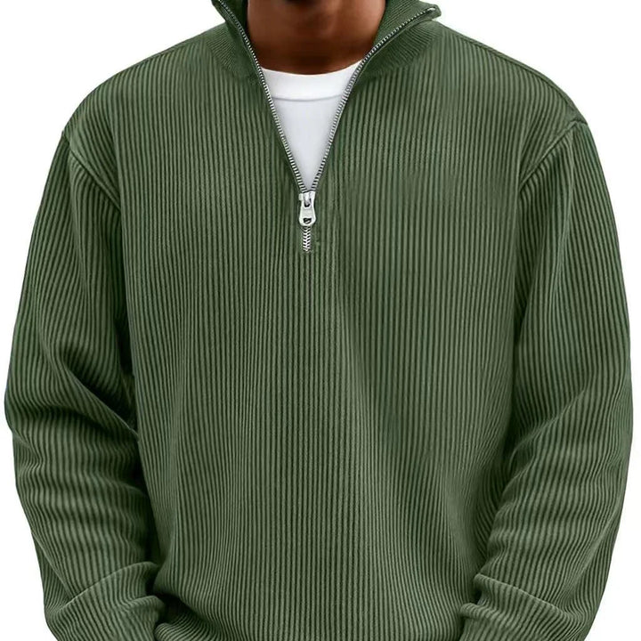 Front view of half-zip high neck sweater showing adjustable collar and ribbed knit pattern