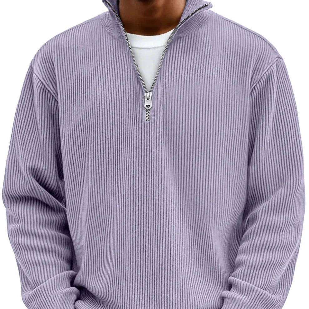 Men's ribbed knit sweater in light blue with functional zipper and comfortable fit