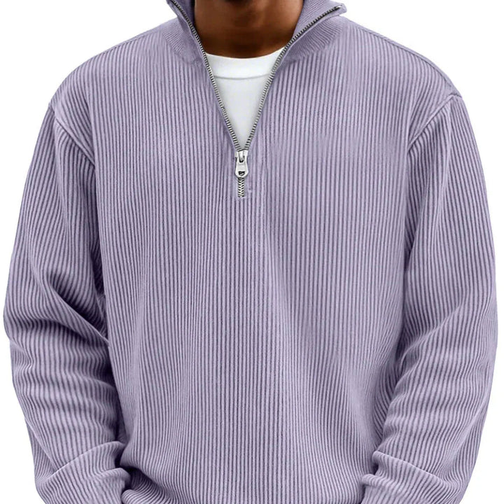 Men's ribbed knit sweater in light blue with functional zipper and comfortable fit