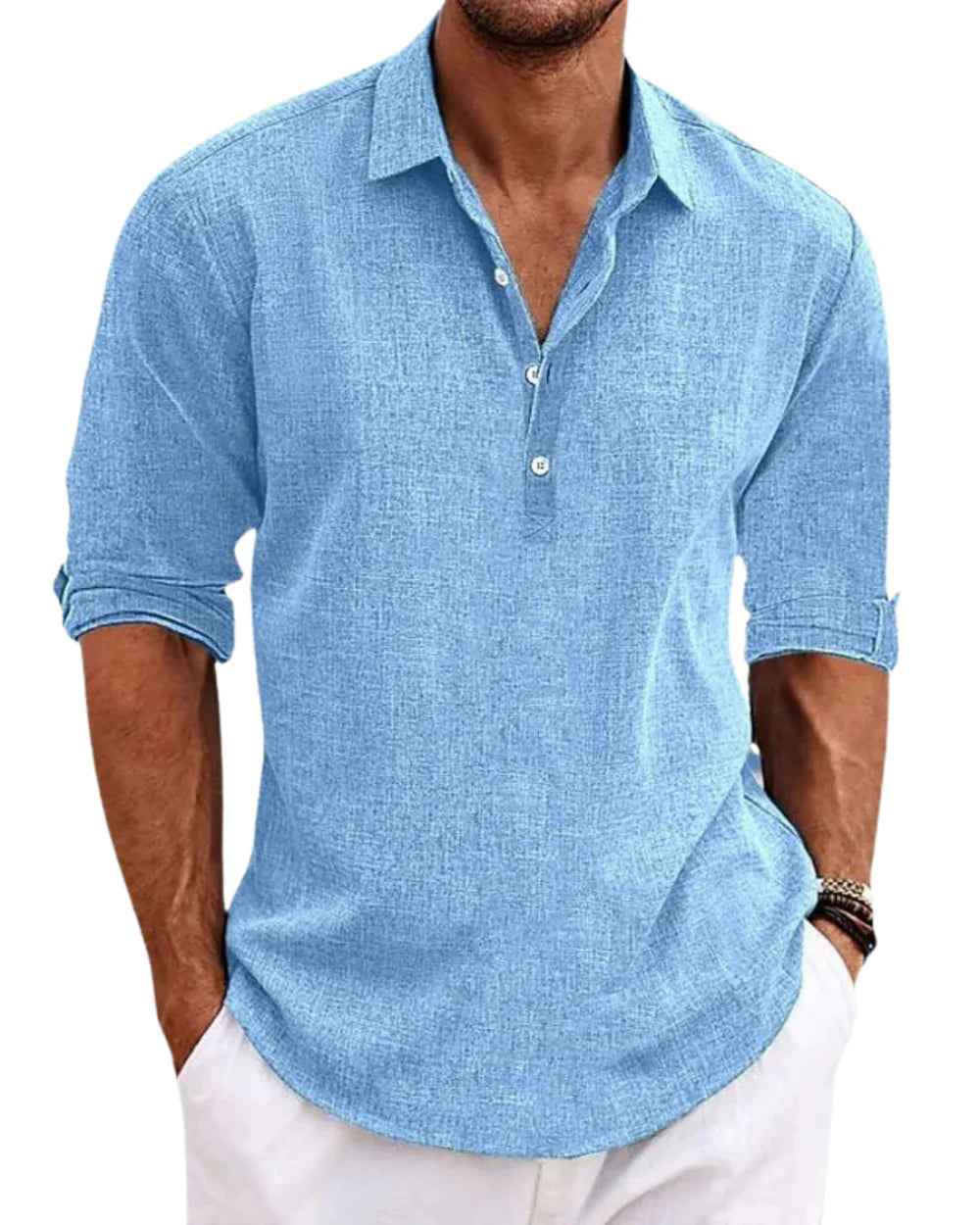 Men's half-button popover shirt in light blue with collared neckline and long sleeves
