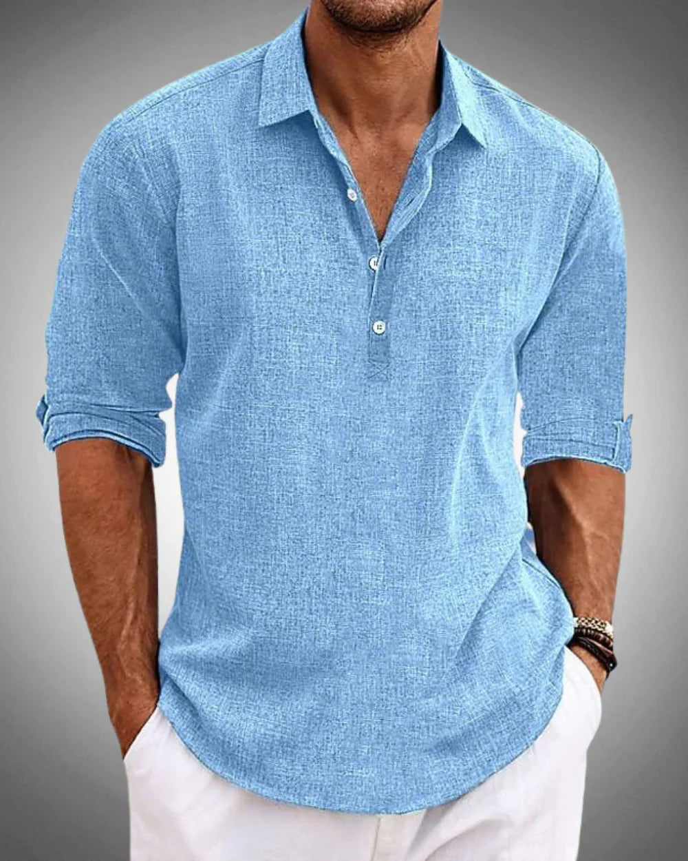 Close-up view of men's textured popover shirt showing half-button placket detail