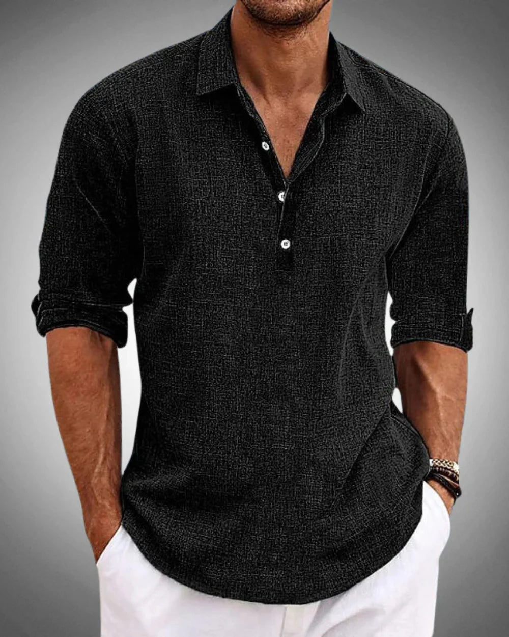 Side angle of men's relaxed fit popover shirt with roll-tab sleeve styling