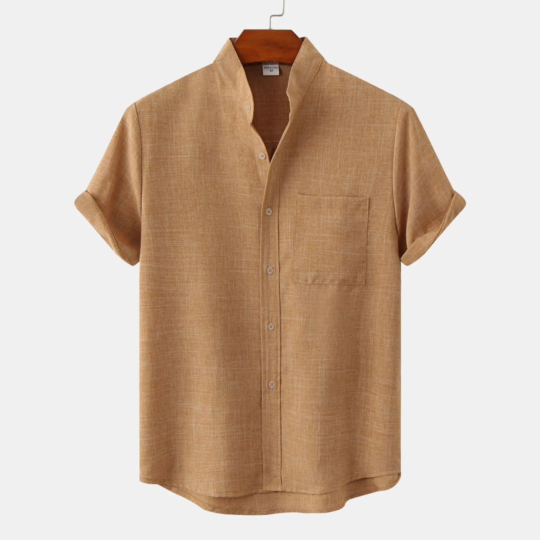 Back view of men's short sleeve casual shirt showing relaxed fit and straight hem