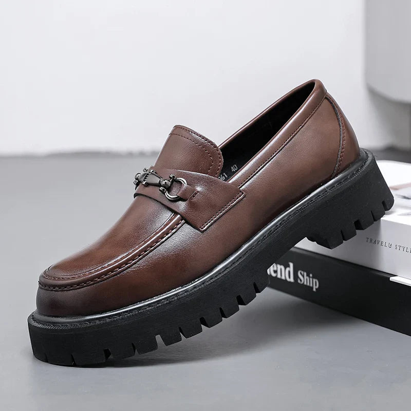 Women's Leather Dress Loafers in brown with metal buckle detail and chunky lug sole
