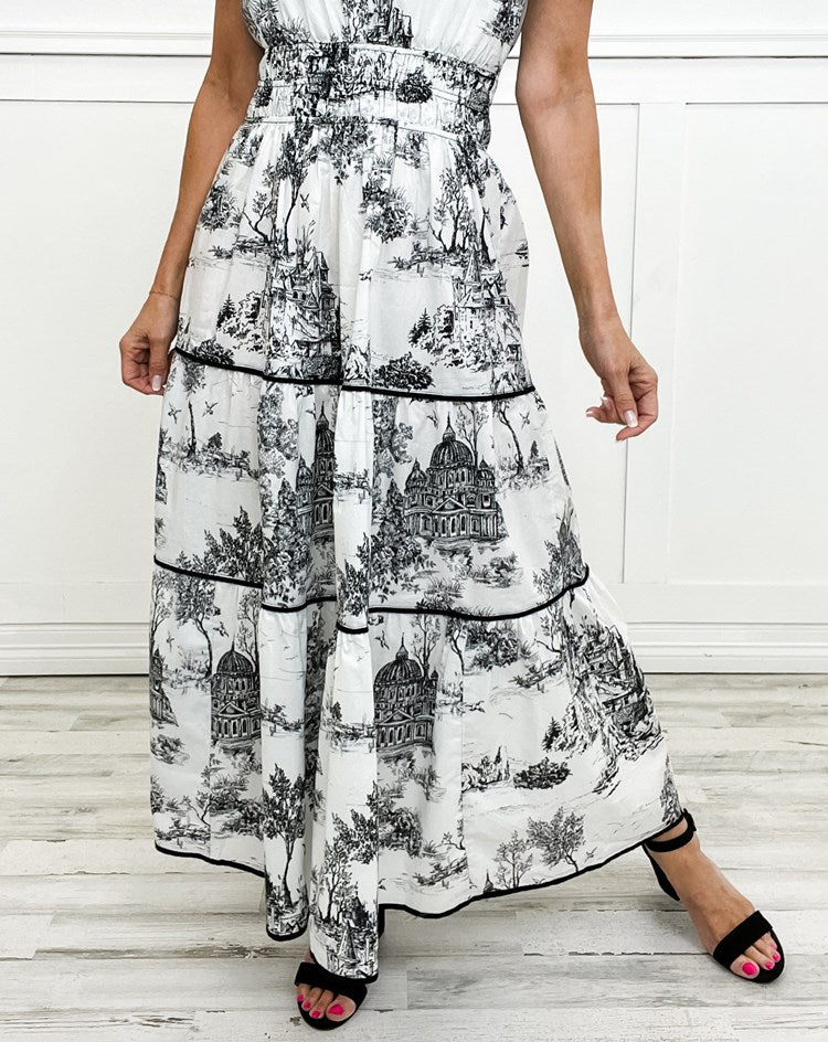Classic Toile Maxi Dress Smocked Waist in black toile pattern showing full silhouette