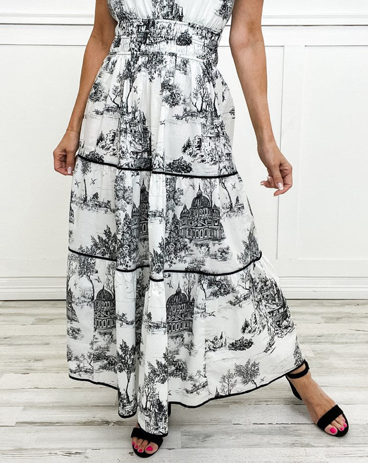 Classic Toile Maxi Dress Smocked Waist in black toile pattern showing full silhouette