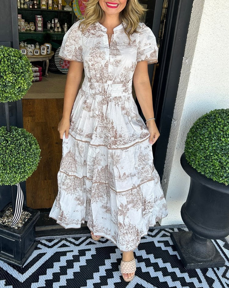 Front view of Classic Toile Maxi Dress Smocked Waist showing short sleeves and flowing silhouette