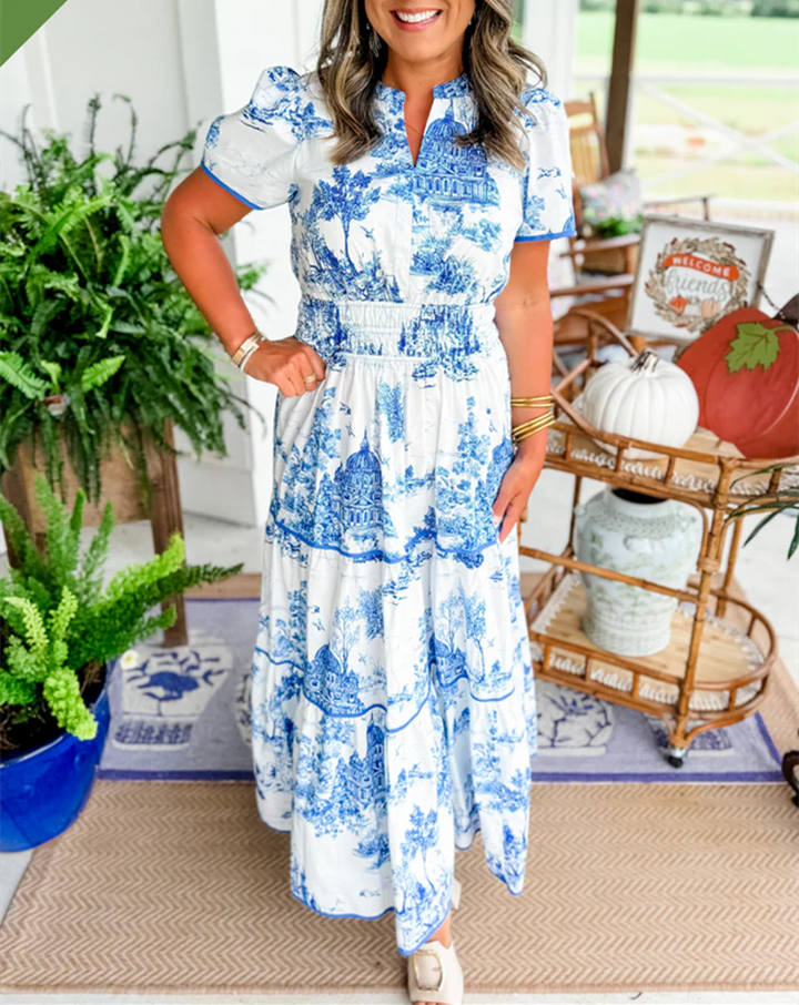 Side angle of Classic Toile Maxi Dress Smocked Waist highlighting smocked waist detail and tiered layers