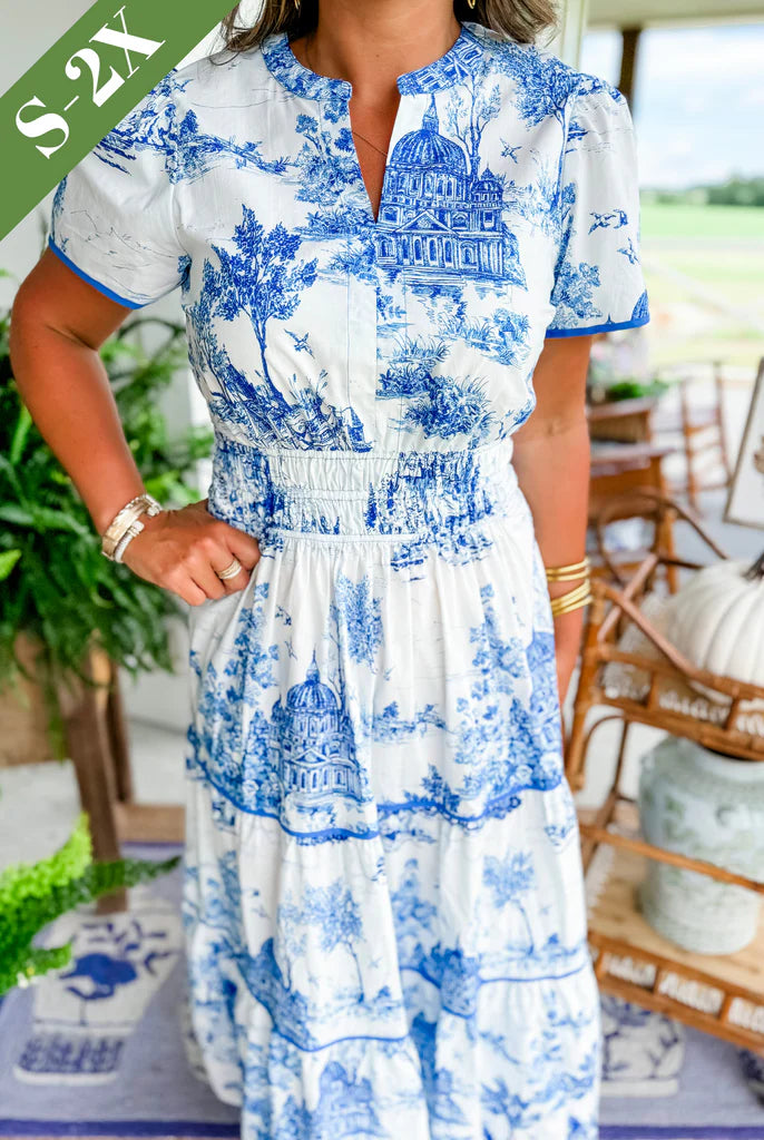 Full-length view of Classic Toile Maxi Dress Smocked Waist in lightweight fabric with toile pattern