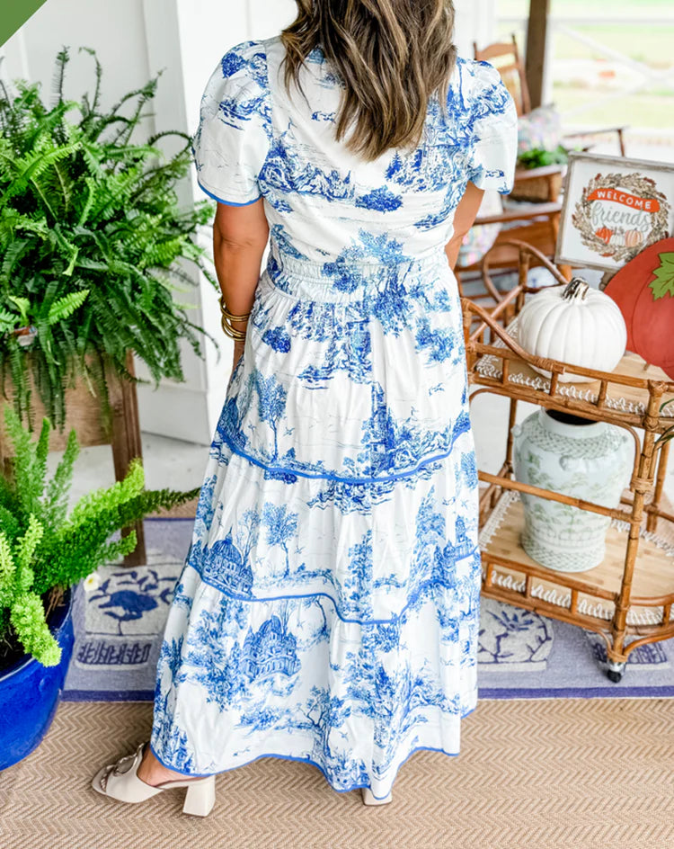 Detail shot of Classic Toile Maxi Dress Smocked Waist showing V-neckline and upper bodice