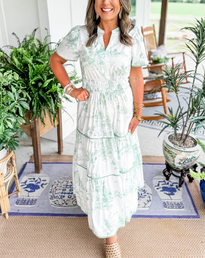 Classic Toile Maxi Dress Smocked Waist styled for casual garden party occasions