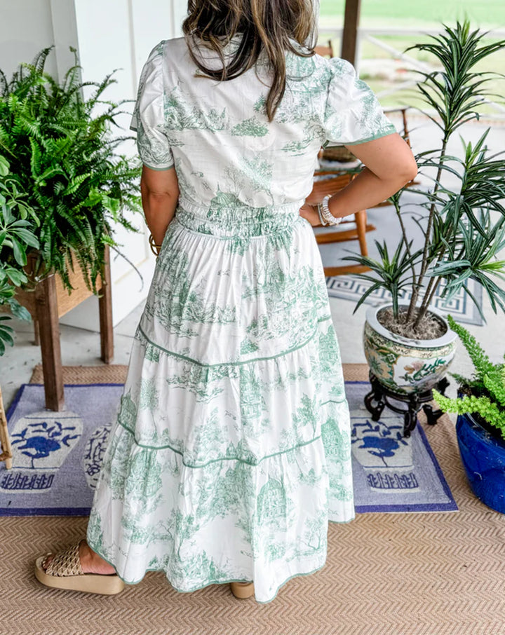 Close-up of smocked waist detail on Classic Toile Maxi Dress with toile print