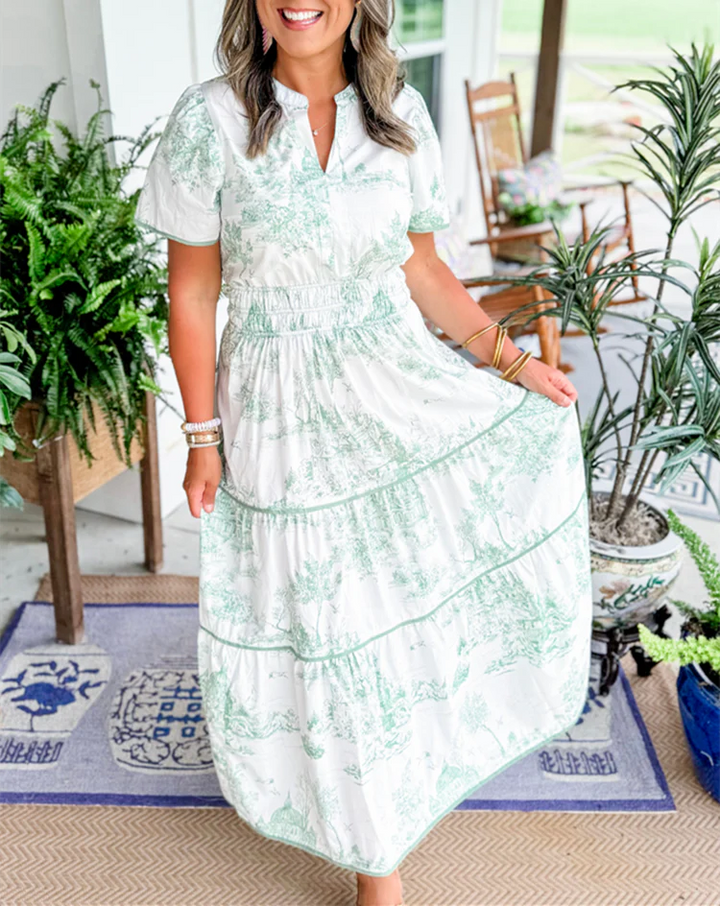 Classic Toile Maxi Dress Smocked Waist in blue colorway with tiered skirt