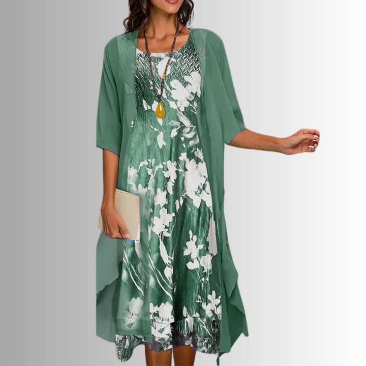 Layered midi dress with open front overlay in sage green and floral print for casual wear