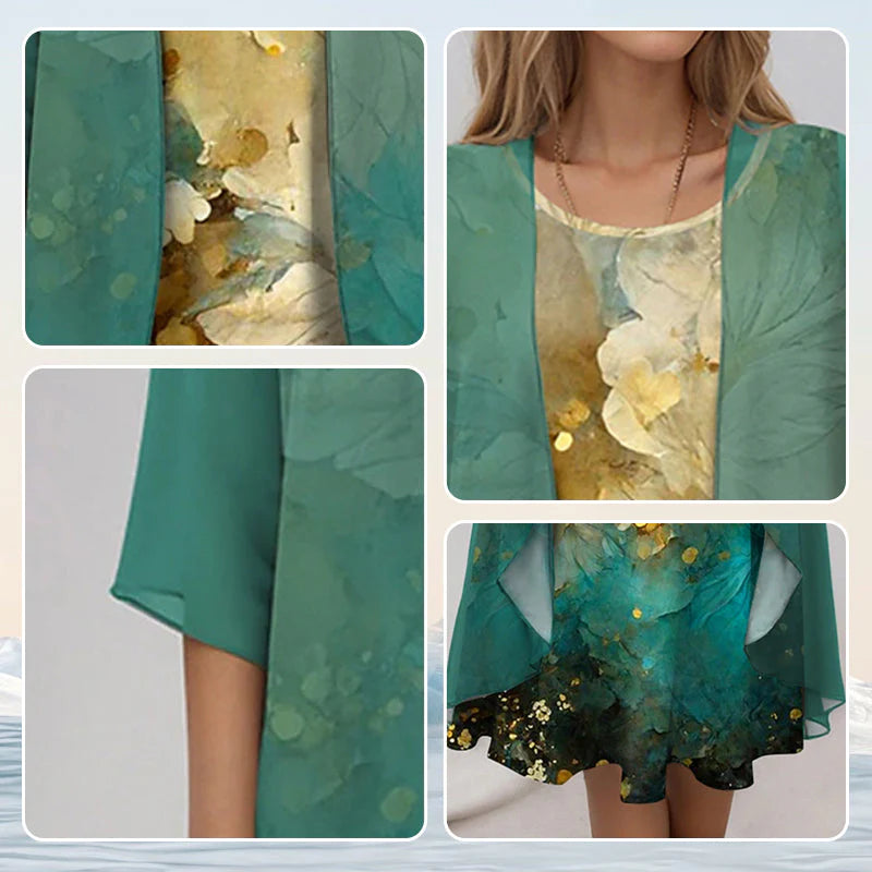 Detail of 3/4 sleeves and floral print design on layered midi dress