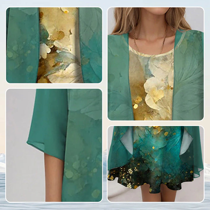 Detail of 3/4 sleeves and floral print design on layered midi dress