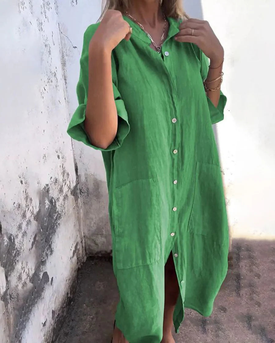 Full-length view of midi cotton summer dress styled with casual accessories
