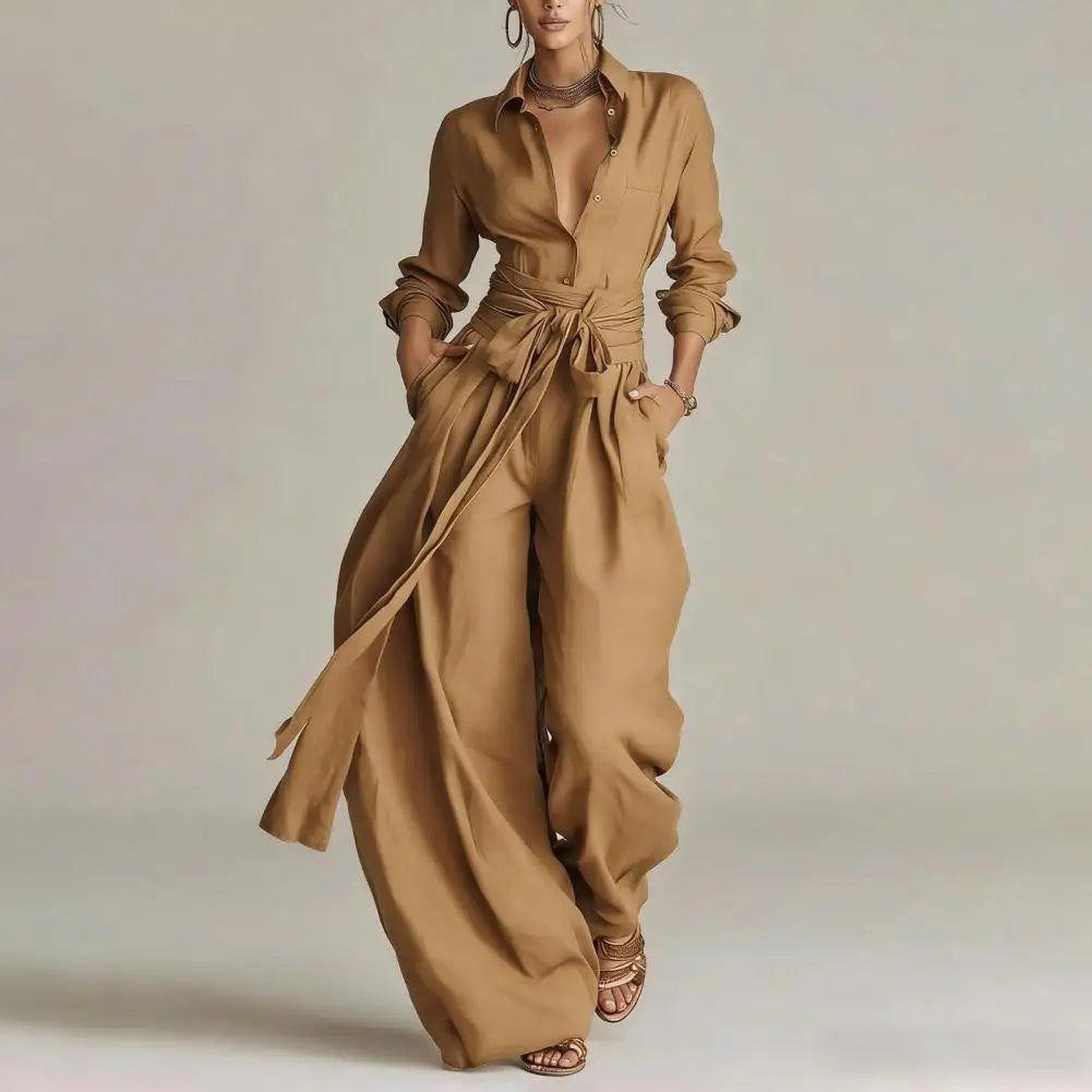 Close-up view of the Linen Co-Ord Set showing relaxed button shirt and flowing wide-leg pants in cream tone