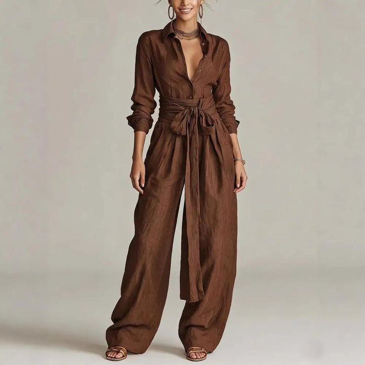 Side view of the Linen Co-Ord Set displaying the high-rise waist detail and wide-leg silhouette with natural drape