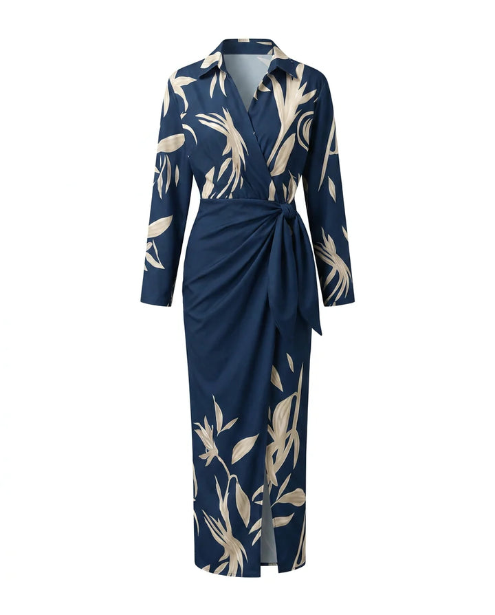 Back view of maxi dress showing flowing skirt and structured drape