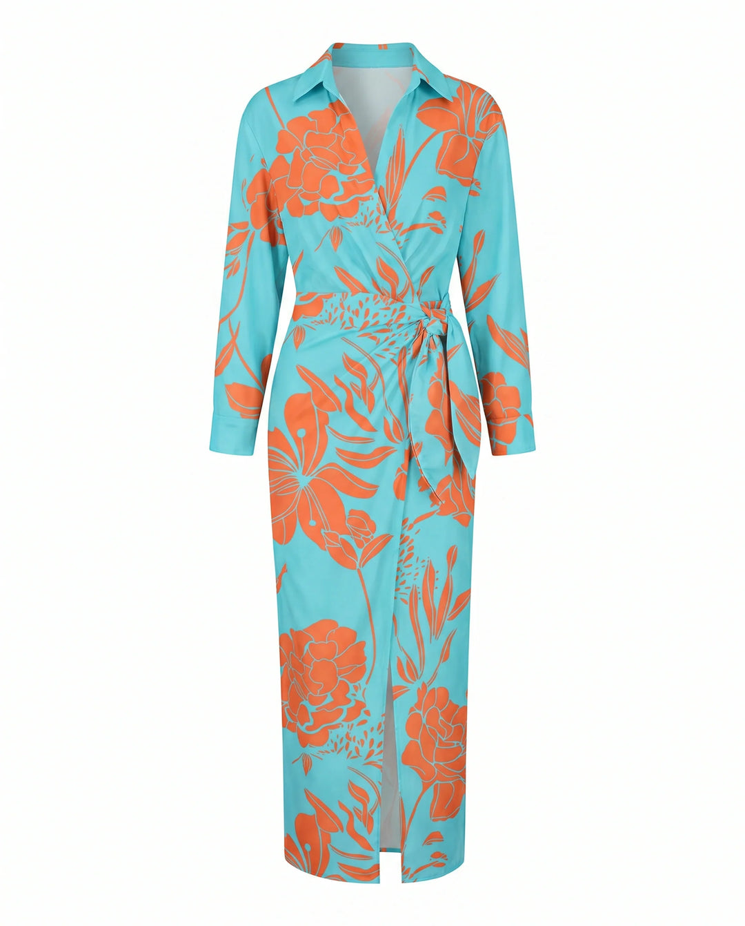 Leaf print wrap maxi dress styled with sandals for daytime casual wear