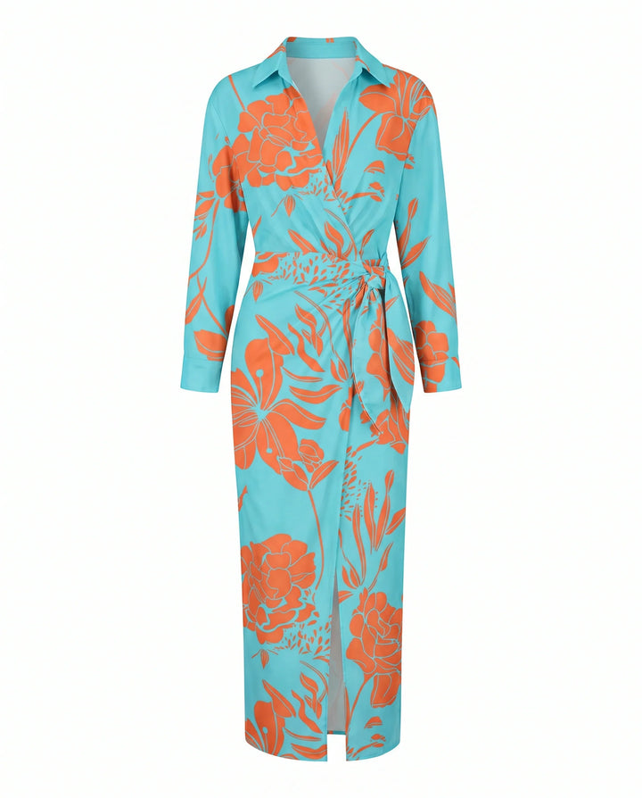 Leaf print wrap maxi dress styled with sandals for daytime casual wear