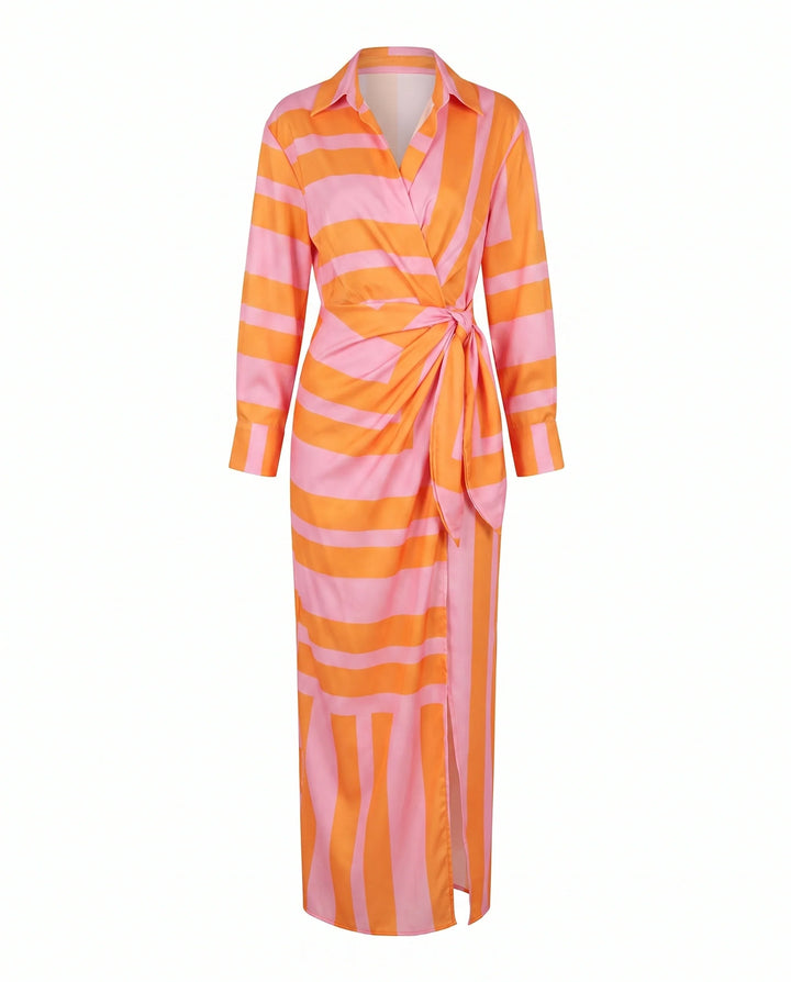 Three-quarter sleeve detail on wrap maxi dress with collared neckline