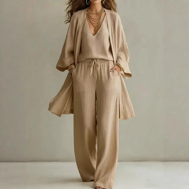 Front view of Linen 3 Piece Co-ord Set showing relaxed cardigan layered over matching top and flowy pants