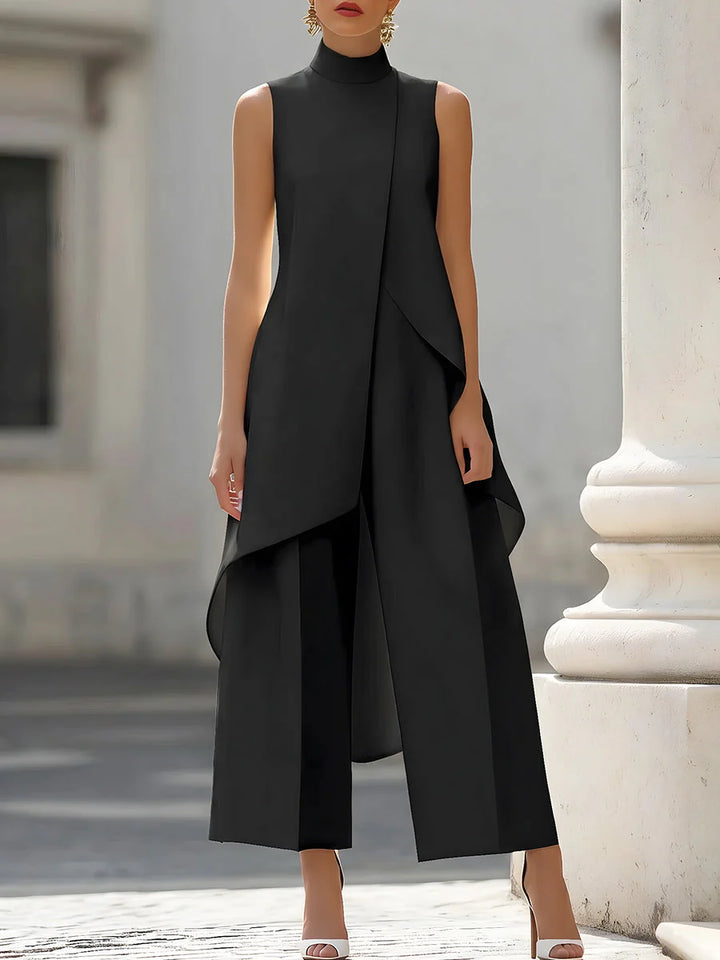 Full-length view of women's turtleneck set with wide-leg pants in structured fabric