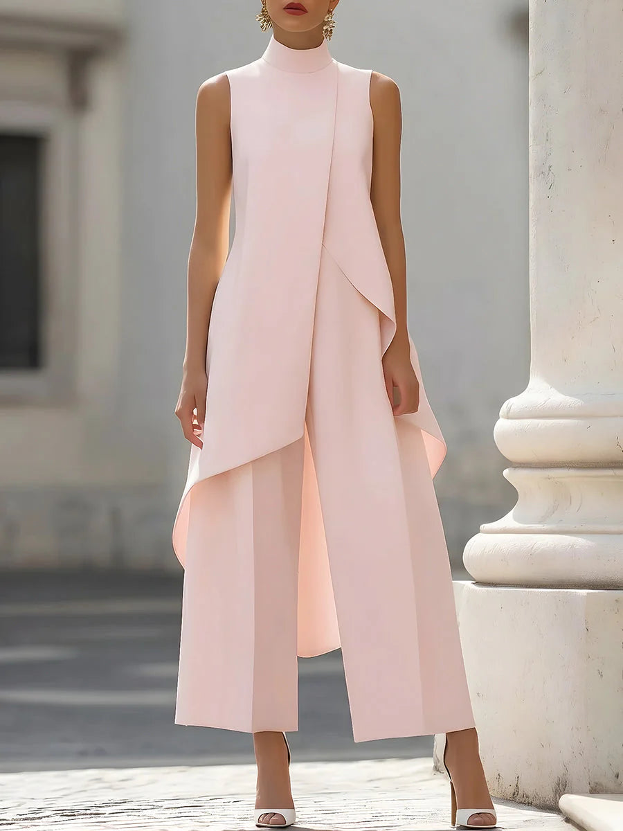 Women's two-piece set in black showing sleeveless turtleneck and wide-leg trousers