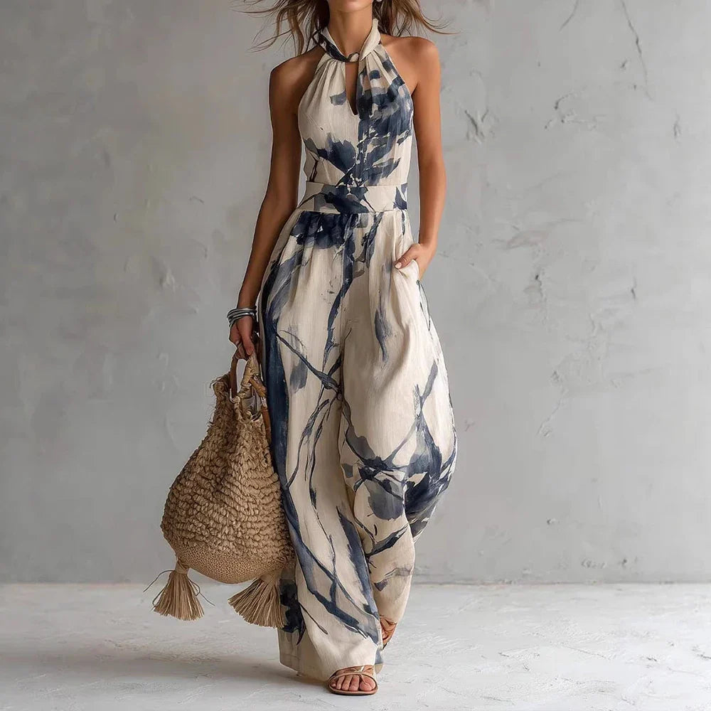 Flowy Halter Maxi Dress with artistic brushstroke print and relaxed loose fit silhouette for summer