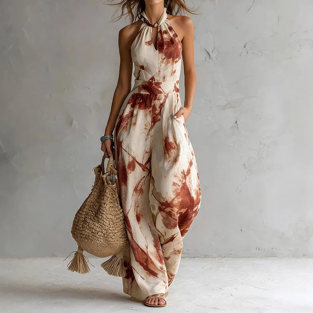 Back view of halter maxi dress showing tie closure and open shoulder design for summer