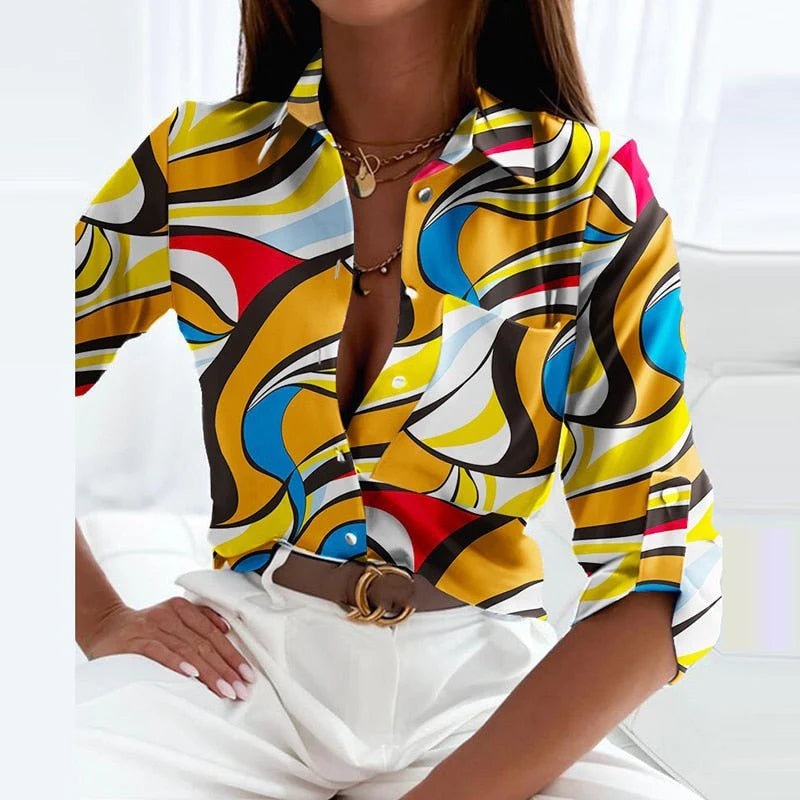 Full view of women's collared blouse with three-quarter sleeves and polished finish