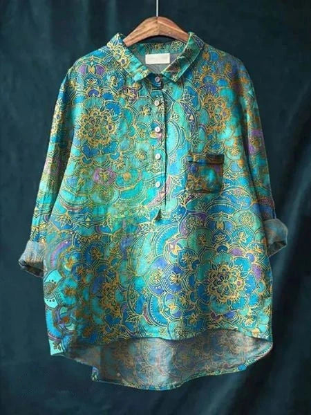 Full front view of women's multicolor floral print button-front shirt