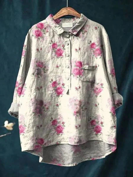 Detail of women's shirt chest pocket and floral print design
