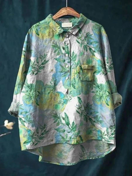 Women's long sleeve button-front shirt with layered floral pattern