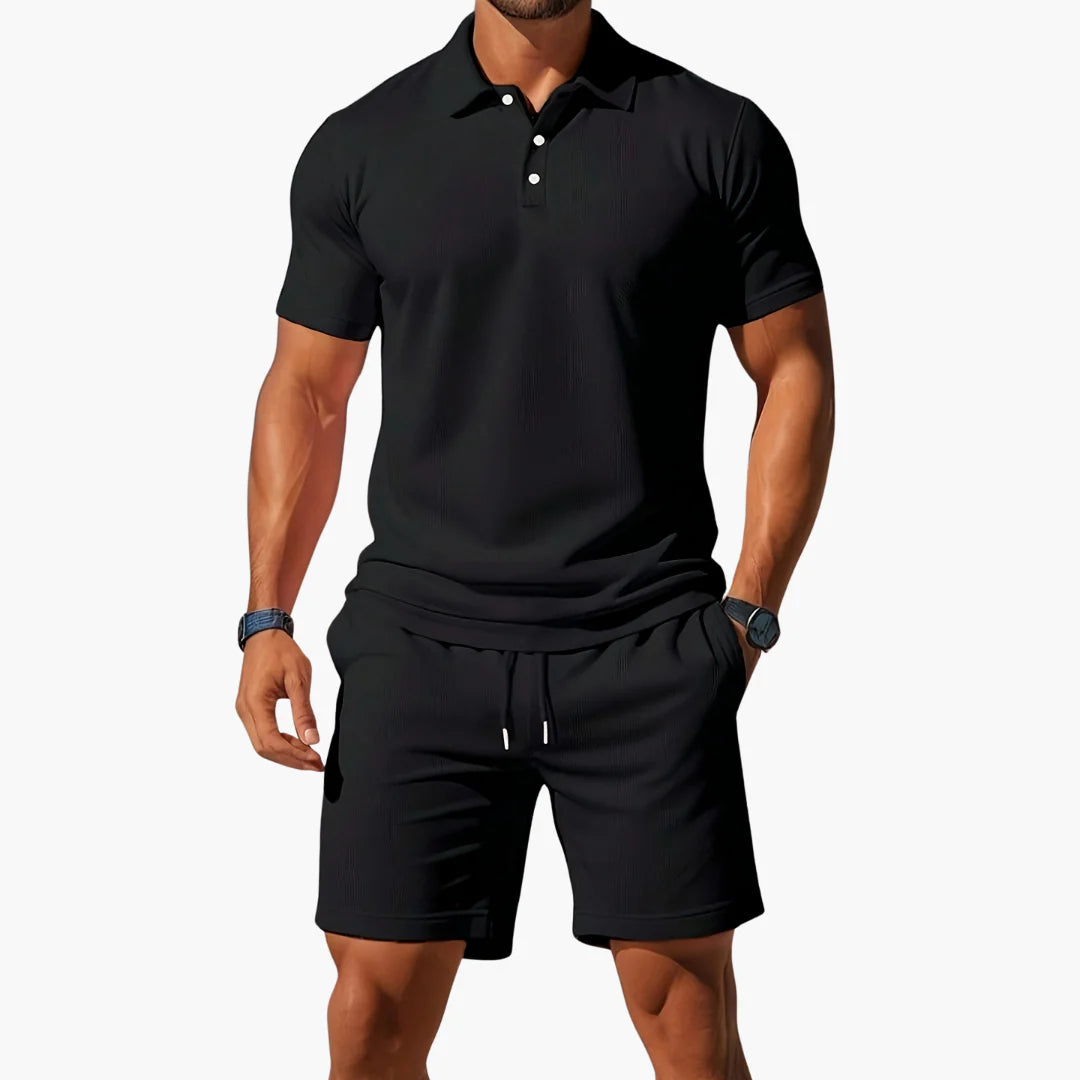 Men's Short Sleeve Polo and Shorts Drawstring Set styled for casual summer wear