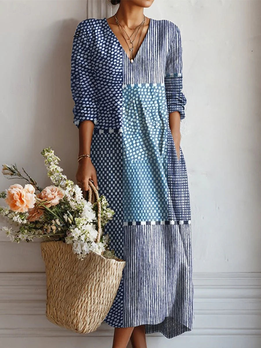 Sarah Everyday Comfort Dress in blue patchwork print with V-neckline, three-quarter sleeves, and relaxed midi silhouette for all-day wear