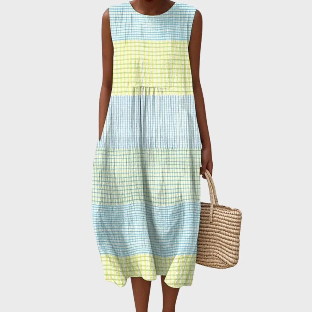 Sarah wearing a Midi Dress Sleeveless Linen Tiered Casual Plaid with colorblock pattern in blue and yellow at regular price